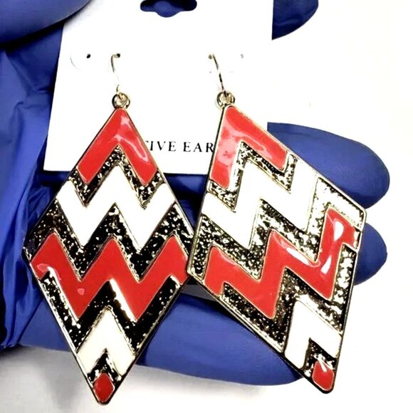Red Black White Chevron Diamond Shape Drop Earrings – Bold Statement Geometric - Picture 3 of 10